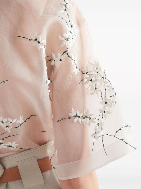 Prada floral-embroidered sheer silk shirt - White
