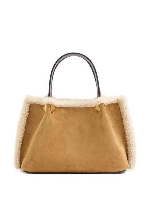 Valentino Garavani small embroidered-flowers suede tote bag - Neutrals