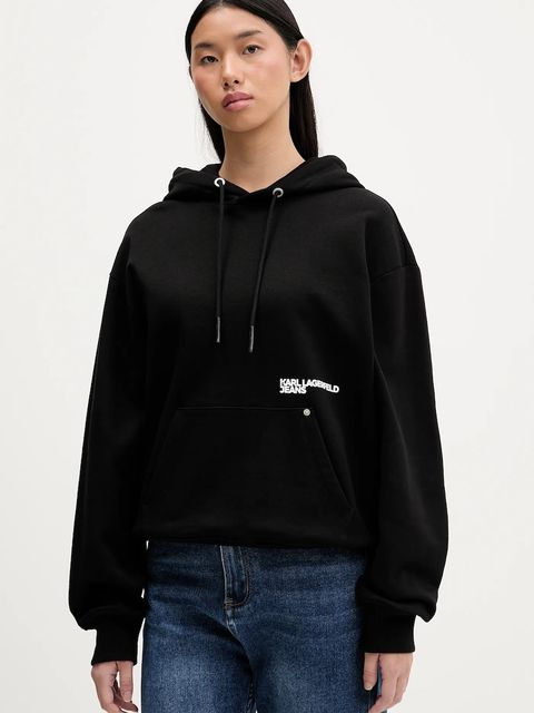 Karl Lagerfeld Jeans bluza bawełniana damska kolor czarny z kapturem z nadrukiem B1W20046