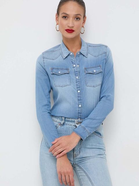 Guess koszula RILEY damska kolor niebieski regular z kołnierzykiem klasycznym W2GH75 D4NA1