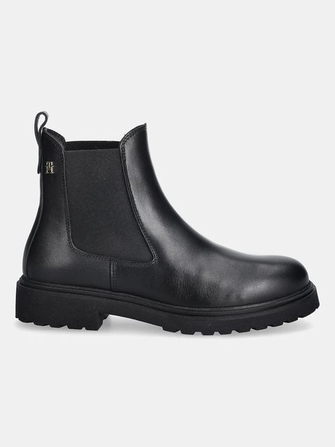 Tommy Hilfiger sztyblety skórzane LEATHER CLEATED CHELSEA damskie kolor czarny na płaskim obcasie FW0FW08766