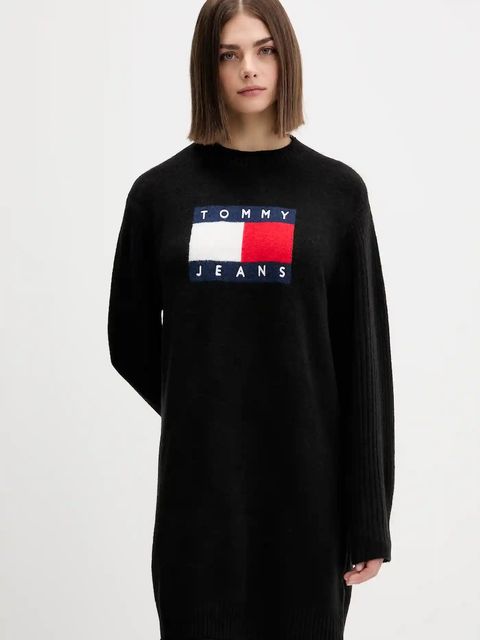 Tommy Jeans sukienka z domieszką wełny kolor czarny mini oversize DW0DW21462