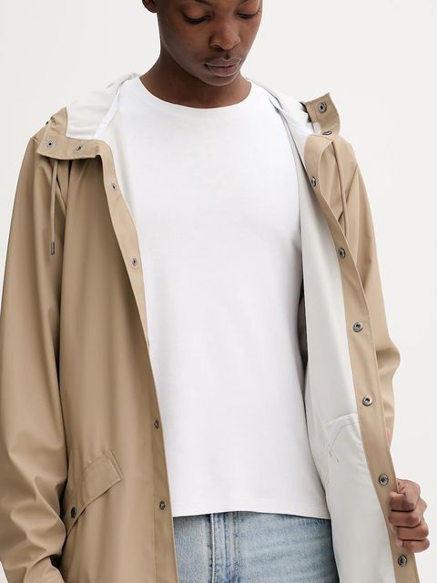 Rains kurtka 12020 Long Jacket kolor beżowy przejściowa 12020