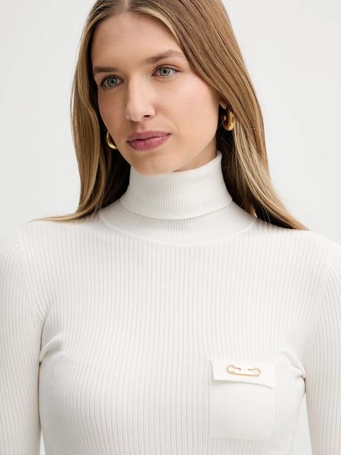 Elisabetta Franchi sweter z dodatkiem jedwabiu damski kolor beżowy lekki z golfem MK11B56E2 - zdjęcie produktu nr 2