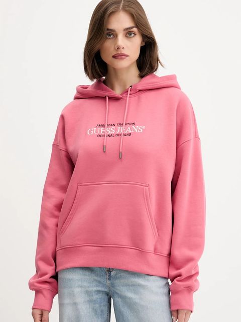 Guess Jeans bluza damska kolor różowy z kapturem z aplikacją W4YQ15 KC811 - zdjęcie produktu nr 1