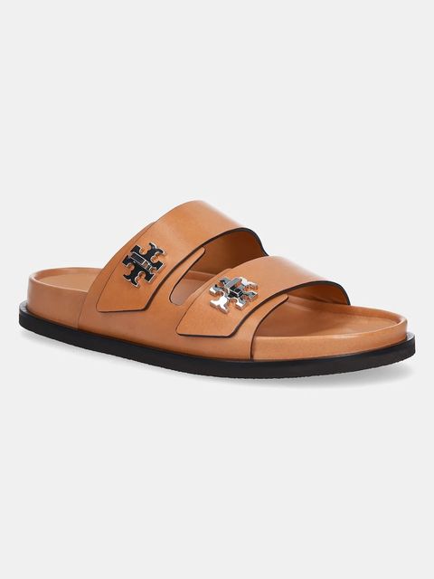 Tory Burch klapki skórzane T Lock Sport Slide damskie kolor brązowy 166905-250 - zdjęcie produktu nr 1