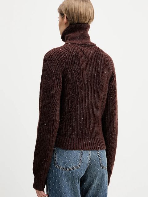 Tommy Jeans sweter z dodatkiem wełny damski kolor brązowy ciepły z golfem DW0DW21686