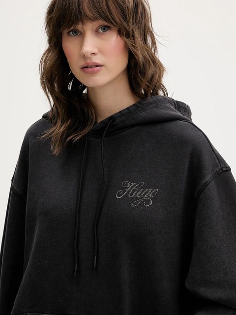 Hugo Blue bluza bawełniana damska kolor szary z kapturem z aplikacją 50547955