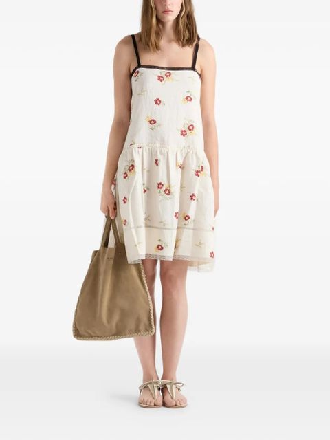 Prada embroidered linen mini-dress with floral motif - Neutrals - zdjęcie produktu nr 2