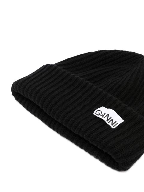 GANNI logo-patch ribbed-knit beanie - Black - zdjęcie produktu nr 2