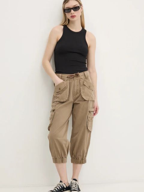 Desigual spodnie bawełniane LOIRA damskie kolor beżowy proste high waist 25SWPW26