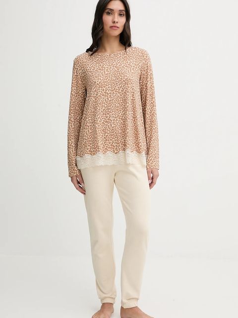 United Colors of Benetton longsleeve piżamowy damska kolor brązowy 32V93M07V