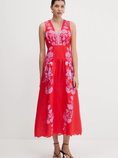 Farm Rio sukienka lniana kolor czerwony maxi rozkloszowana 336269 - zdjęcie produktu nr 1