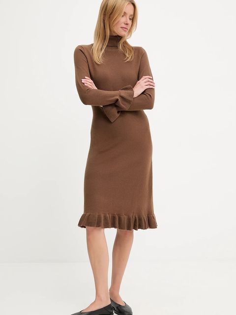 Answear.LAB sukienka z kaszmirem kolor brązowy midi prosta - zdjęcie produktu nr 1