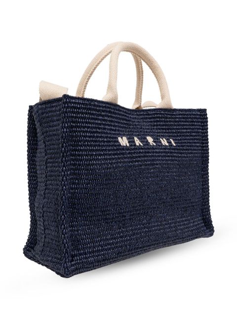 Marni logo-embroidered raffia tote bag - Blue