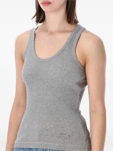 GANNI ribbed-knit logo-embellished tank top - Grey