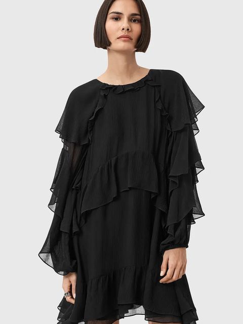 AllSaints sukienka z dodatkiem jedwabiu LISSIE kolor czarny mini rozkloszowana W100DD