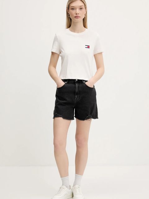 Tommy Jeans szorty jeansowe damskie kolor czarny gładkie high waist DW0DW21381