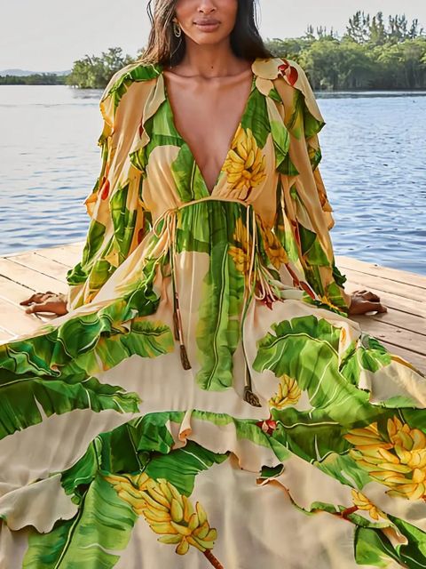 FARM Rio ruffled banana-print maxi dress - Neutrals