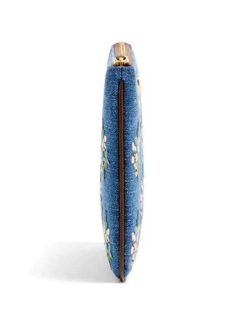 Valentino Garavani Vlogo Signature clutch bag in denim with floral embroidery - Blue
