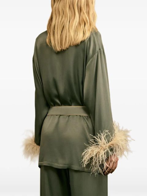 Sleeper Miss Cat belted feather-trim pajama set - Green