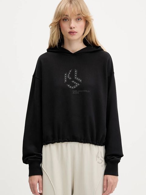 Karl Lagerfeld Jeans bluza bawełniana damska kolor czarny z kapturem z nadrukiem A4W20004 - zdjęcie produktu nr 1