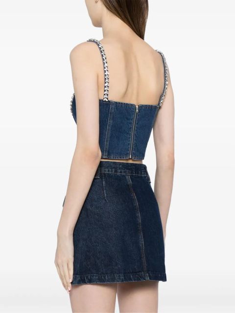 Self-Portrait crystal-embellished denim bustier top - Blue