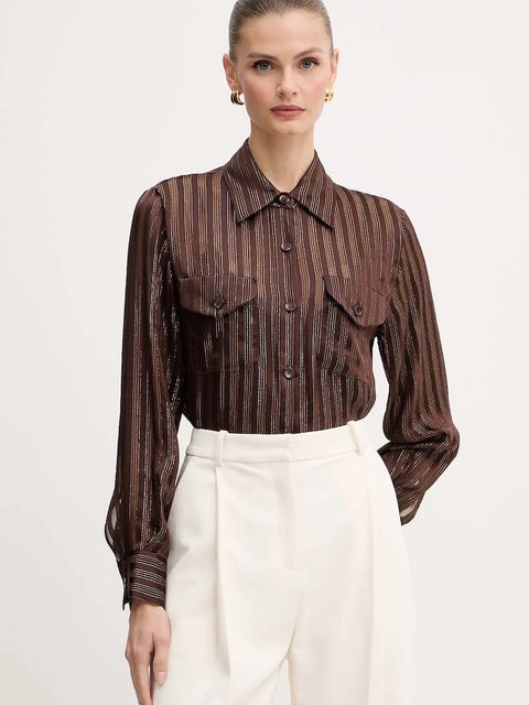 Luisa Spagnoli koszula jedwabna damska kolor brązowy regular z kołnierzykiem klasycznym 542740 - zdjęcie produktu nr 1