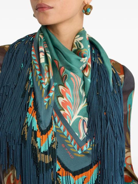 ETRO daffodil-motif fringed scarf - Blue