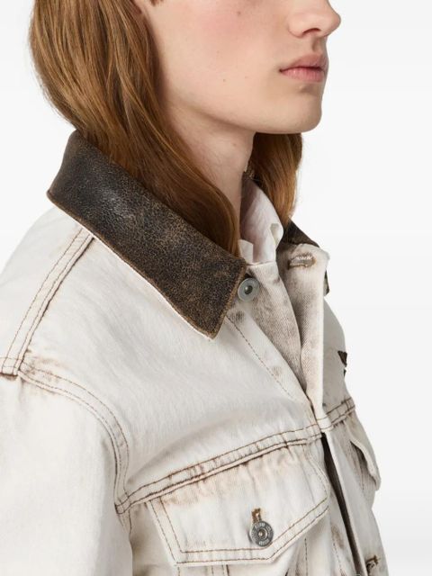 Miu Miu bleached leather-collar denim jacket - Neutrals