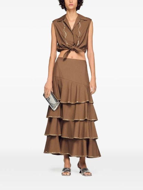 SANDRO midi crystal-embellished A-line skirt - Brown
