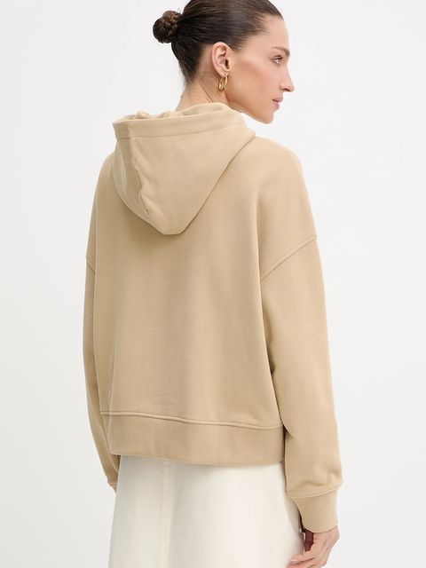 BOSS Orange bluza bawełniana damska kolor beżowy z kapturem z aplikacją 50545507