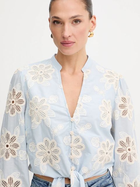 Guess koszula bawełniana HAZEL damska kolor niebieski relaxed ze stójką W5YH1B WHEO0