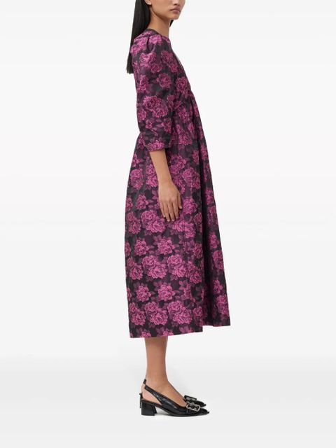 GANNI botanical-jacquard puff-sleeves midi dress - Pink