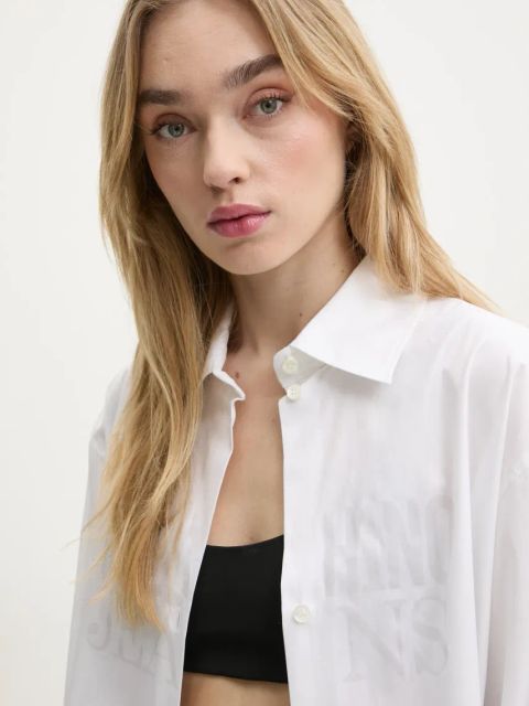 Moschino Jeans koszula bawełniana damska kolor beżowy relaxed z kołnierzykiem klasycznym 0209 3227