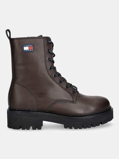 Tommy Jeans workery skórzane TJW URBAN LACE UP BOOT damskie kolor brązowy na płaskim obcasie EN0EN02907