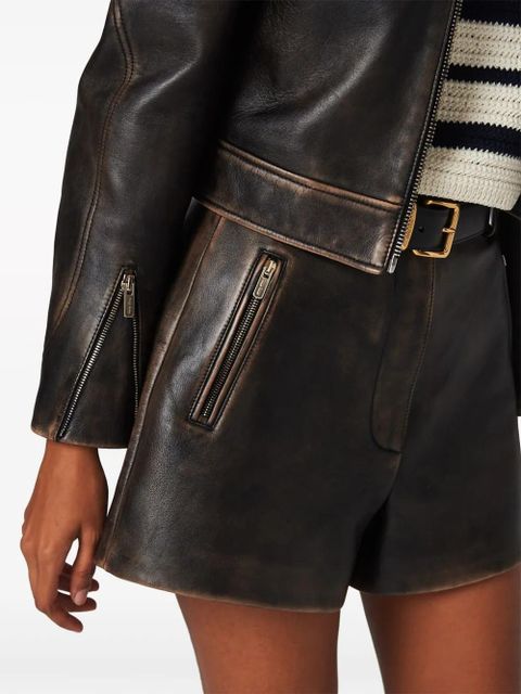 Miu Miu distressed leather mini shorts - Brown