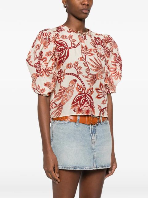 FARM Rio ruffled-neck floral-print blouse - Neutrals