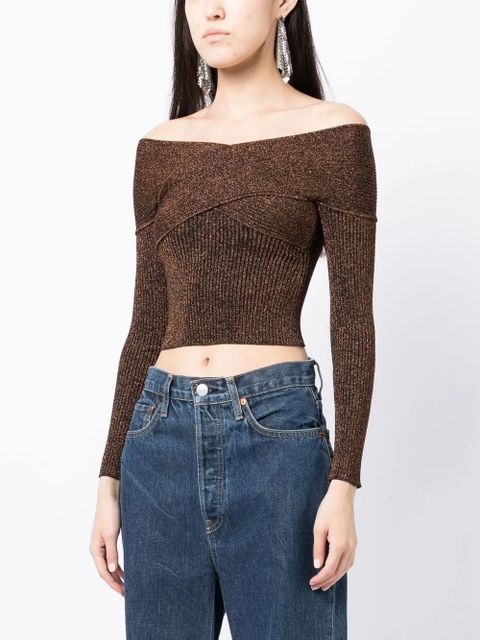 Self-Portrait off-shoulder metallic knitted top - Brown