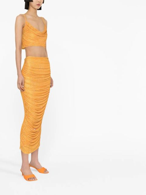 Self-Portrait embellished ruched midi skirt - Orange