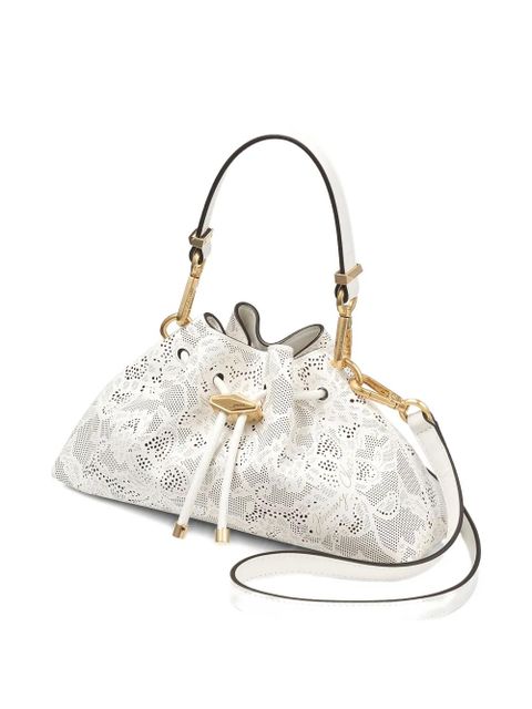Jimmy Choo small Cinch perforated-lace drawstring shoulder bag - White