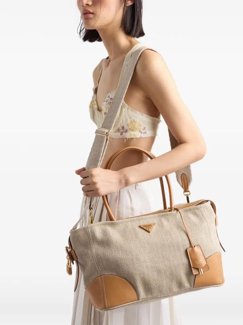 Prada large linen and leather tote bag - Neutrals - zdjęcie produktu nr 2