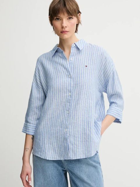 Tommy Hilfiger koszula lniana damska kolor niebieski relaxed z kołnierzykiem klasycznym WW0WW46169