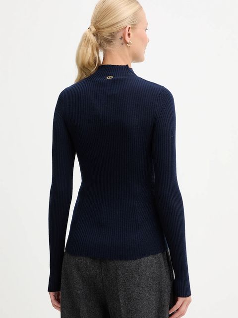 Twinset sweter wełniany damski kolor granatowy lekki z półgolfem 252TT3111