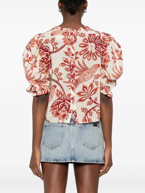 FARM Rio ruffled-neck floral-print blouse - Neutrals
