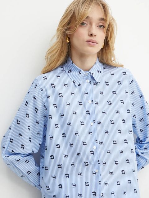 Karl Lagerfeld koszula bawełniana damska kolor niebieski relaxed z kołnierzykiem klasycznym A1W11038