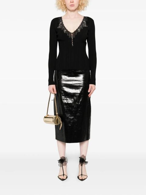 Self-Portrait lace-trimmed ribbed top - Black