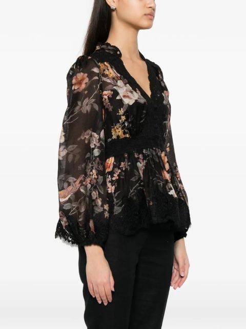 ZIMMERMANN Carousel floral-print lace-trim blouse - Black