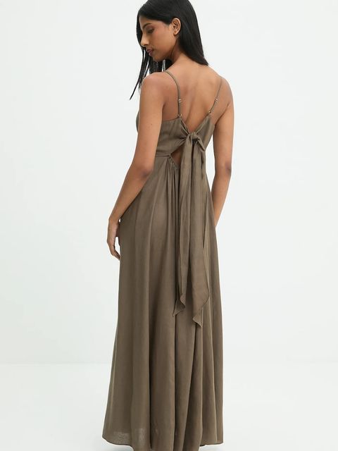 Answear.LAB sukienka z lnem kolor zielony maxi rozkloszowana