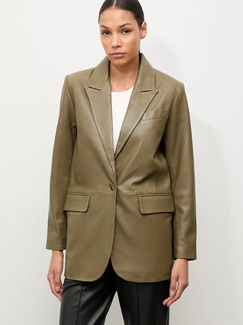Answear.LAB marynarka skórzana kolor zielony jednorzędowa gładka